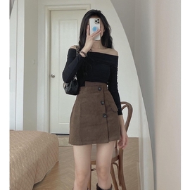 Chân Váy Nhung Tăm Cạp Cao Cúc Lệch Dễ Phối Đồ