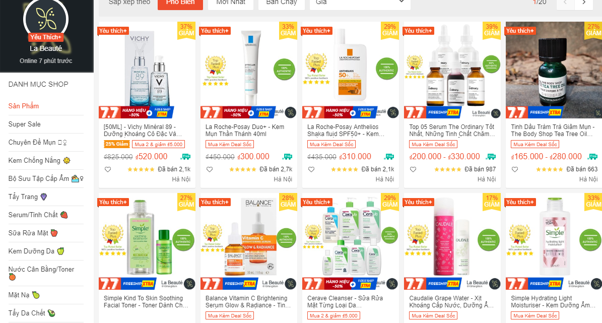 shop bán đồ skincare uy tín trên shopee