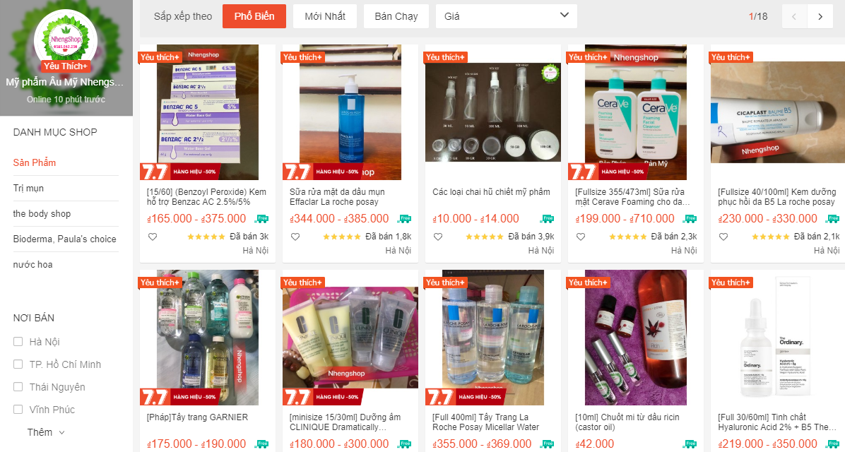 shop bán đồ skincare uy tín trên shopee
