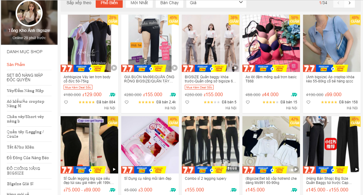 shop bán đồ big size trên Shopee