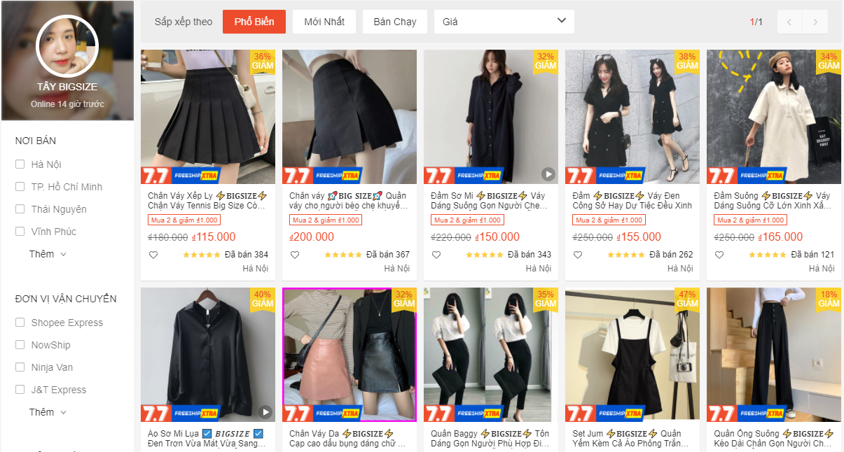 shop bán đồ big size trên Shopee