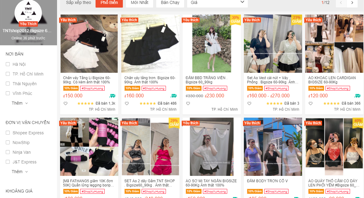 shop bán đồ big size trên Shopee