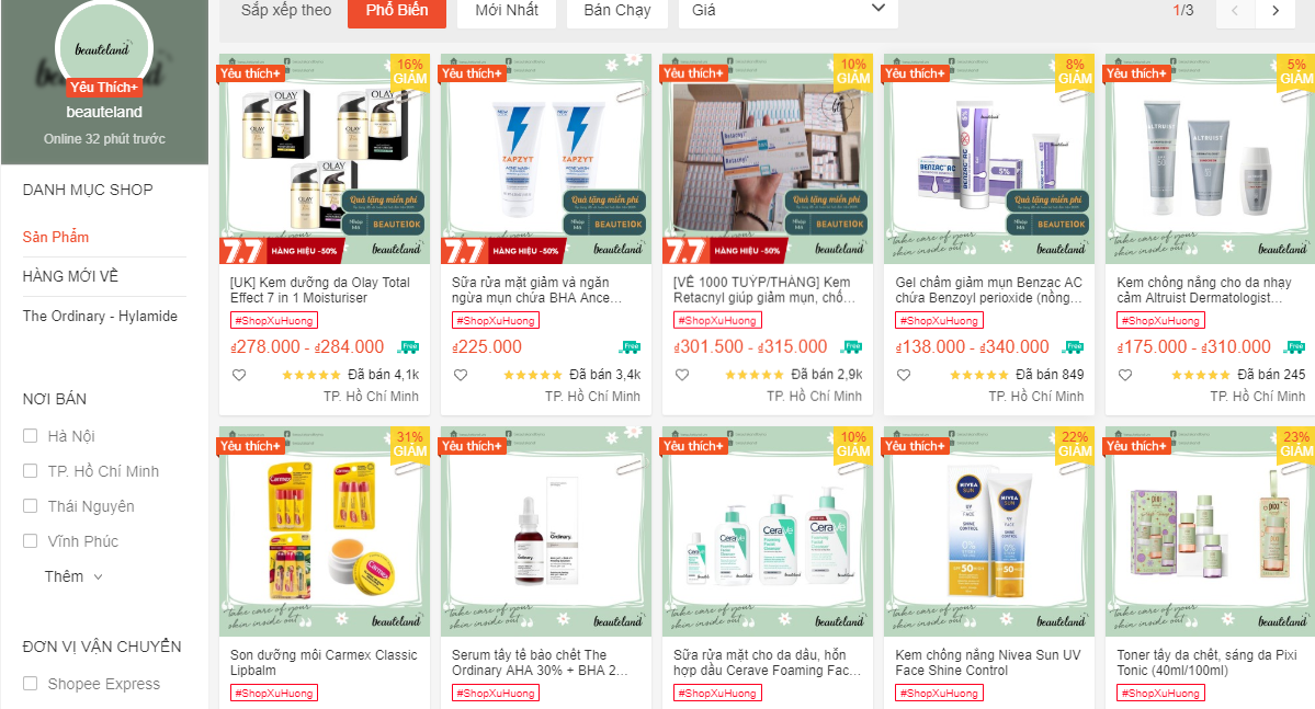 shop bán đồ skincare uy tín trên shopee