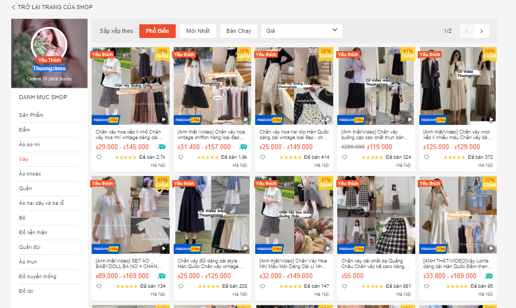 shop bán chân váy đẹp trên shopee