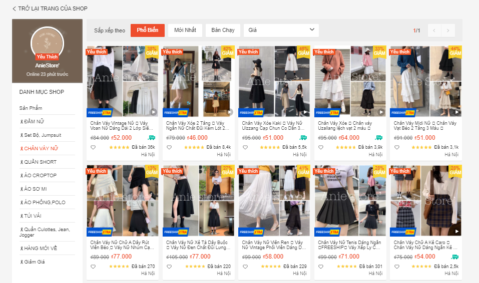 shop bán chân váy đẹp trên shopee