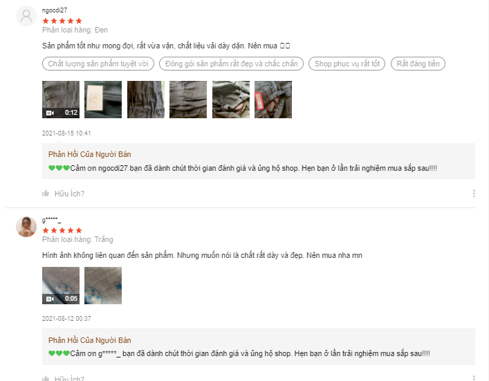 Đánh giá của người mua hàng tại shop