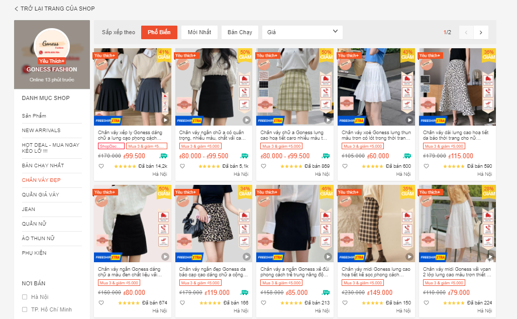 shop bán chân váy đẹp trên shopee