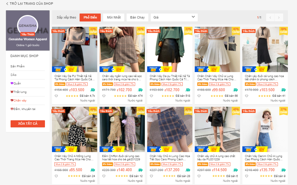 shop bán chân váy đẹp trên shopee