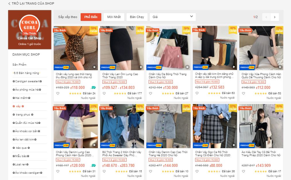 shop bán chân váy đẹp trên shopee