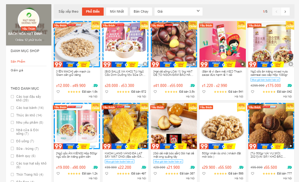 shop bán đồ ăn healthy trên shopee