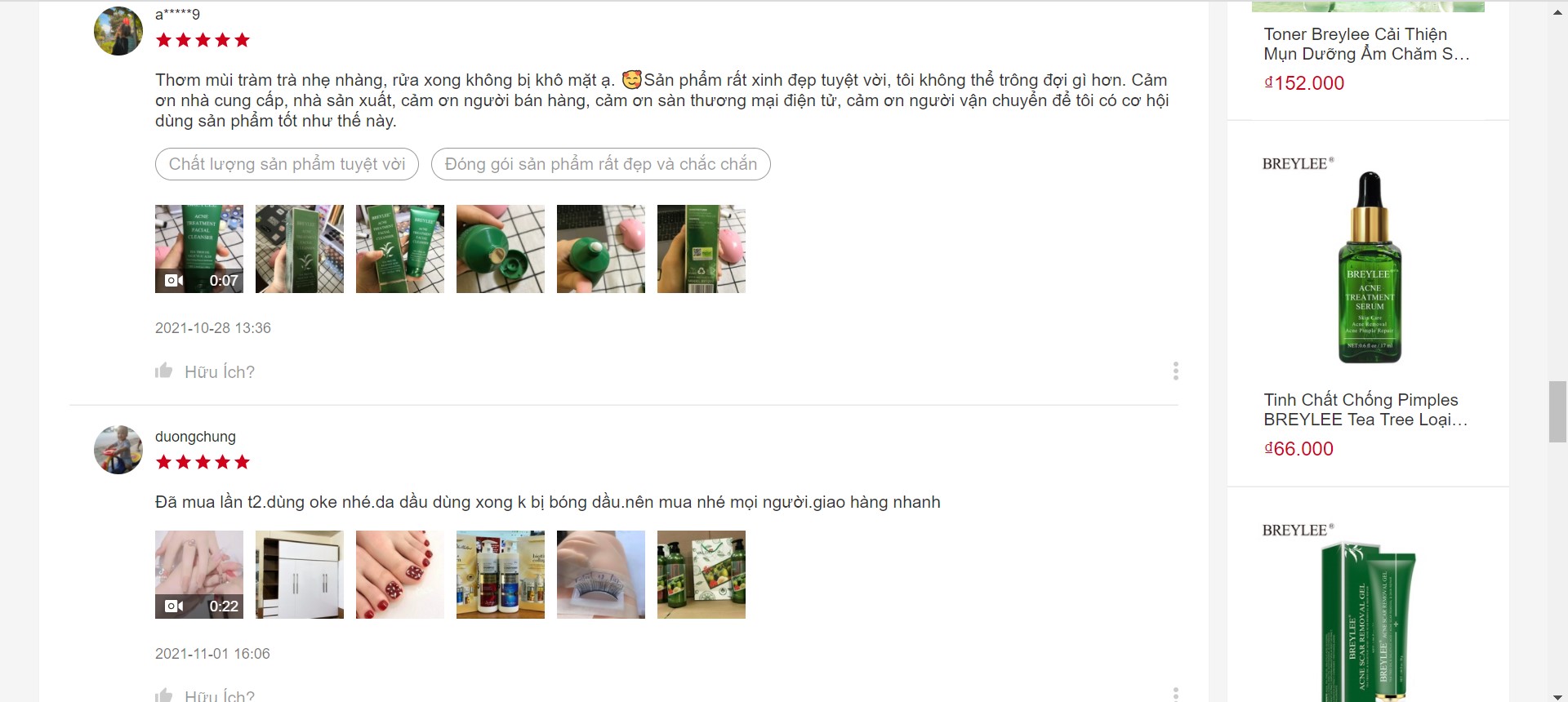 đánh giá của người dùng sữa rửa mặt Breylee trên Shopee
