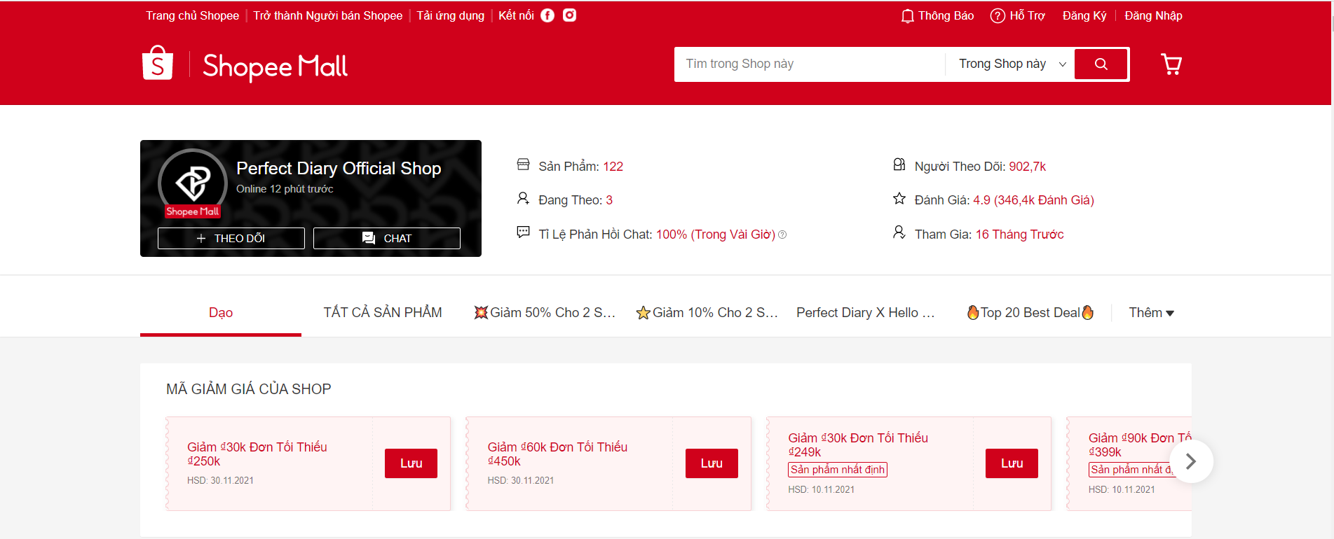  Kéo xuống mục MÃ GIẢM GIÁ CỦA SHOP và lưu ngay các Voucher 