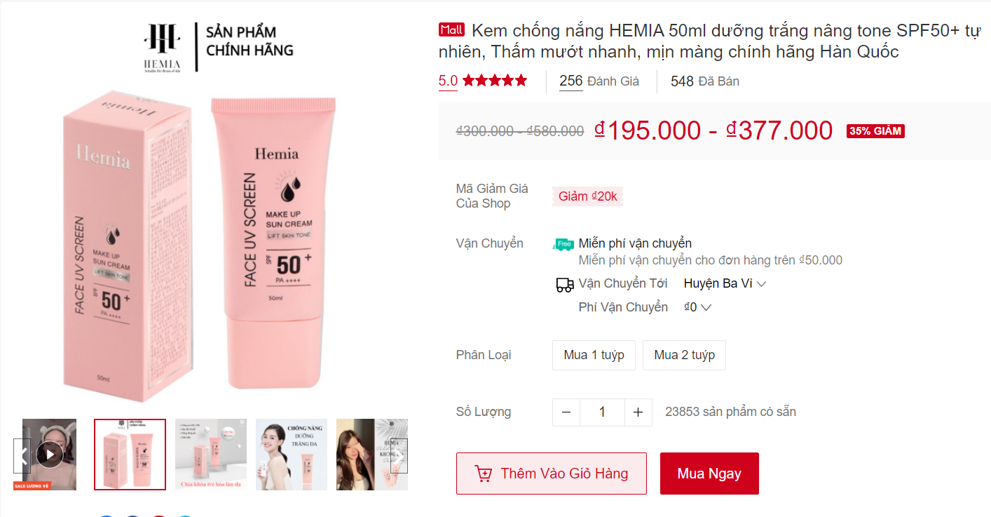 Mua kem chống nắng chính hãng trên Shopee