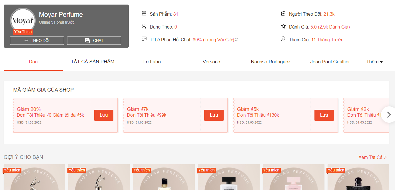 Shop bán nước hoa chính hãng trên Shopee