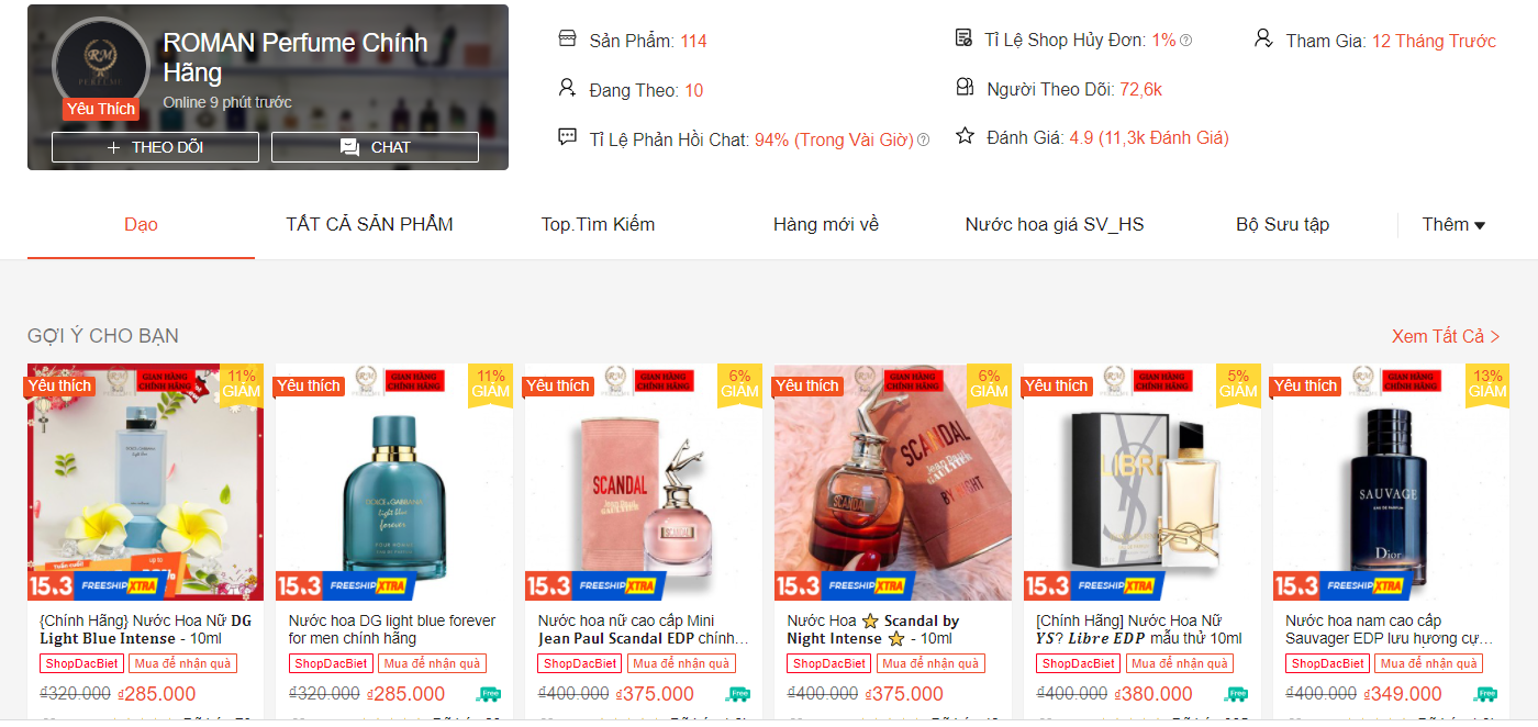 Shop bán nước hoa chính hãng trên Shopee