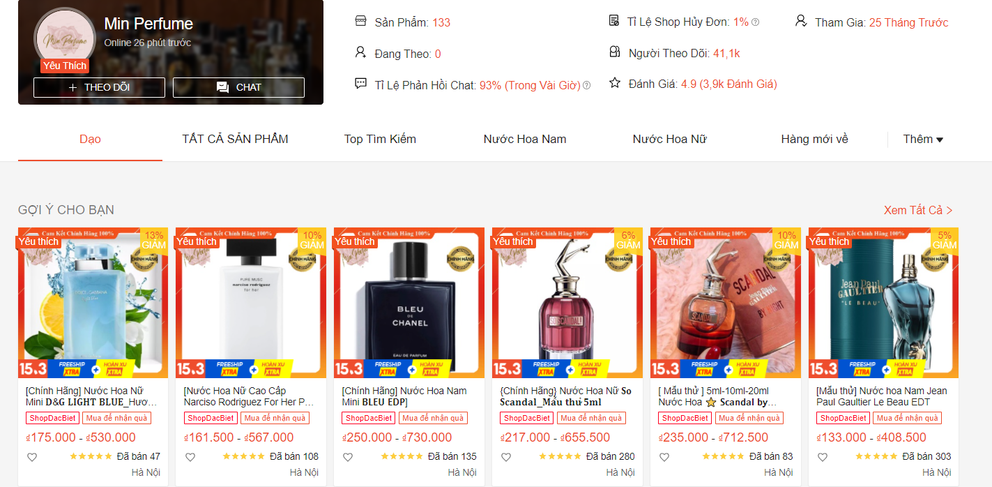 Shop bán nước hoa chính hãng trên Shopee