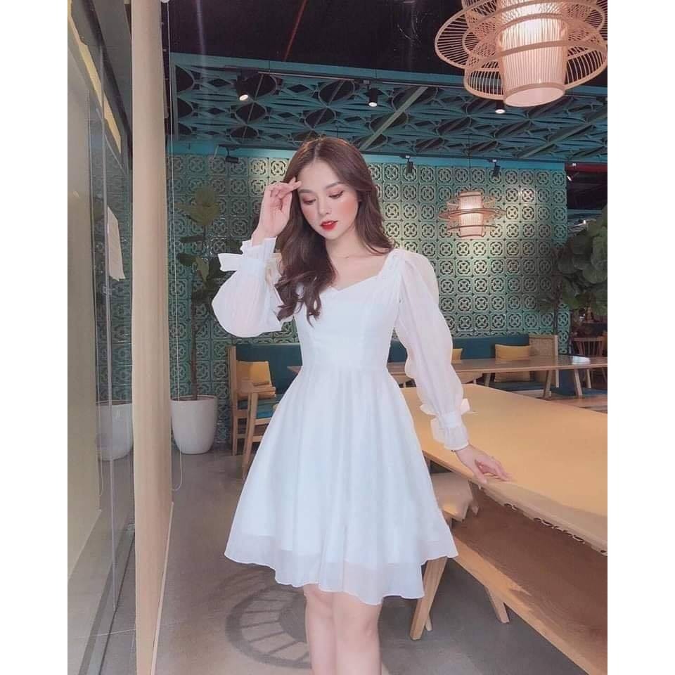 Đầm dự tiệc dáng xòe phối nút bọc tay nơ