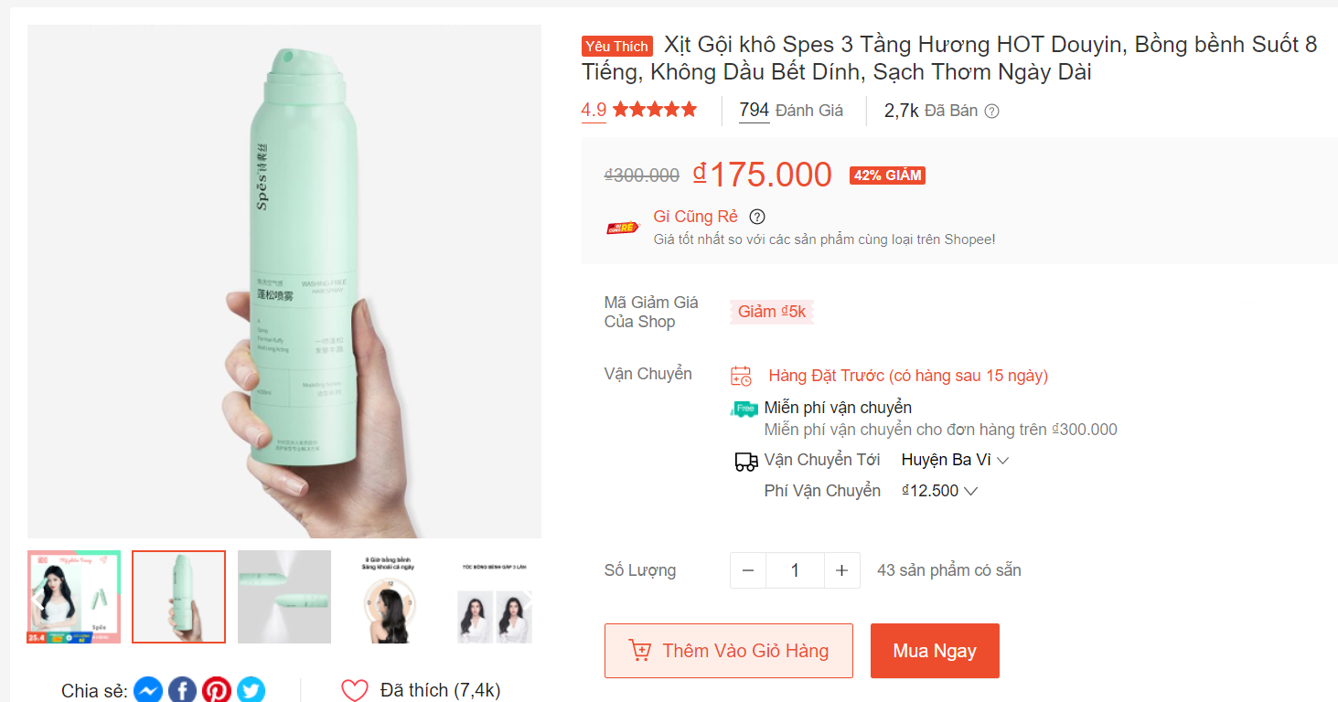 Mua dầu gội khô nội địa Trung Spes trên Shopee
