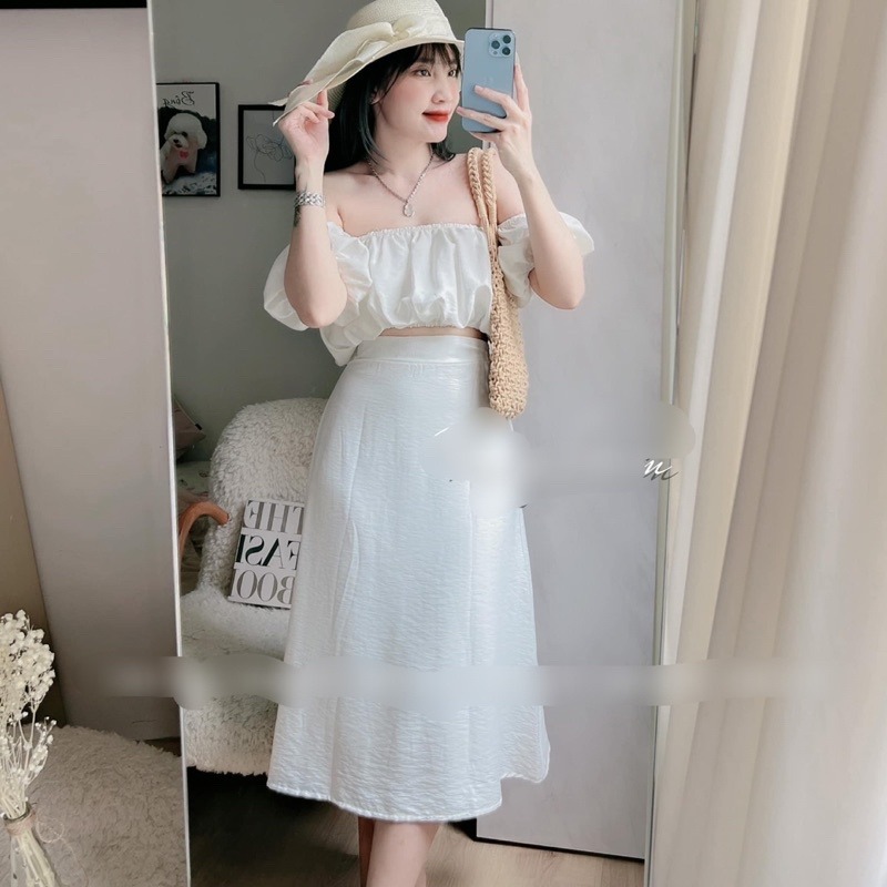 Set đi biển áo trễ vai + chân váy dài