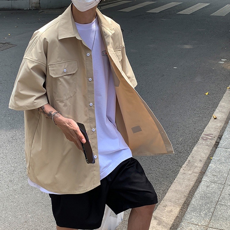 set đi biển áo sơ mi thô + áo phông trắng + quần short