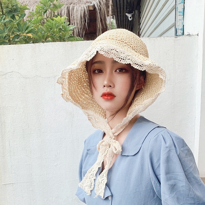 Nón cói vành nhỏ đi biển phối ren