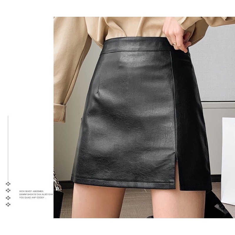 Chân váy da chữ A trơn xẻ tà