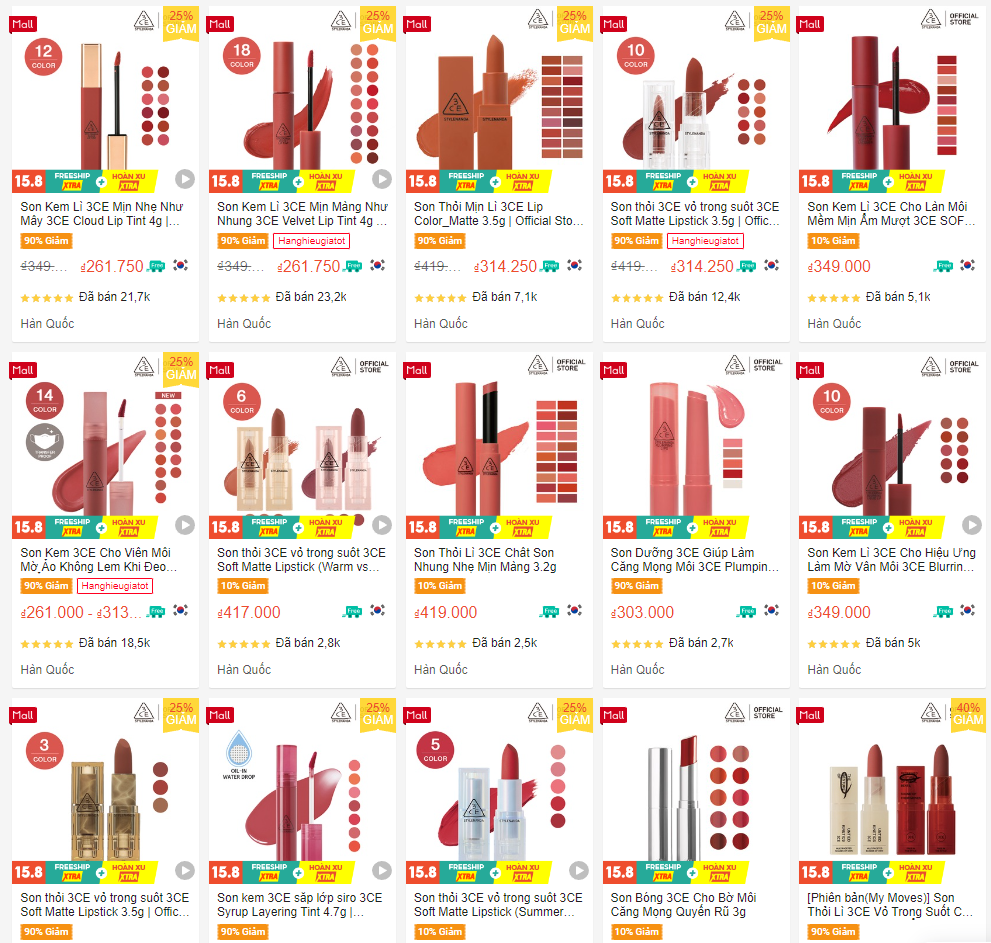 Các dòng son 3CE hiện nay