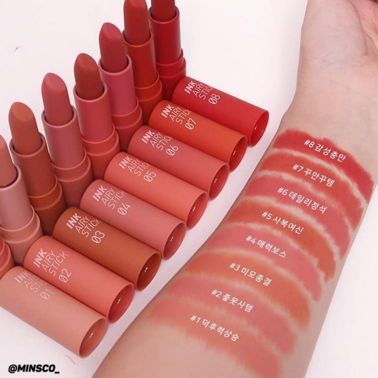 Bảng màu son lì Ink Peripera Ink Airy Stick gồm 8 màu son
